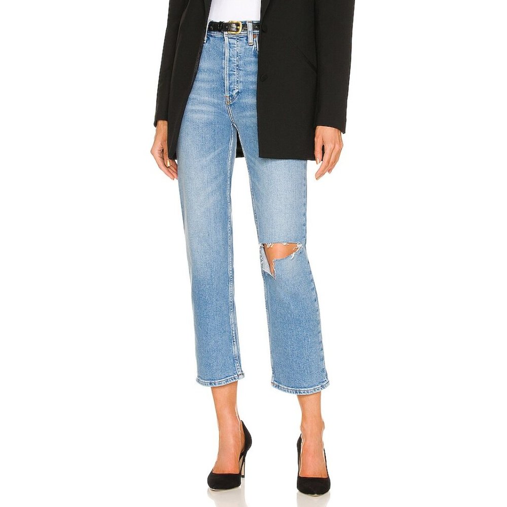 RE/DONE 70'S STOVE PIPE JEANS SIZE 25 in Rodeo Indigo with Hole